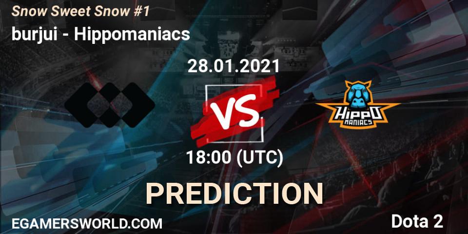 Prognose für das Spiel burjui VS Hippomaniacs. 28.01.2021 at 18:01. Dota 2 - Snow Sweet Snow #1