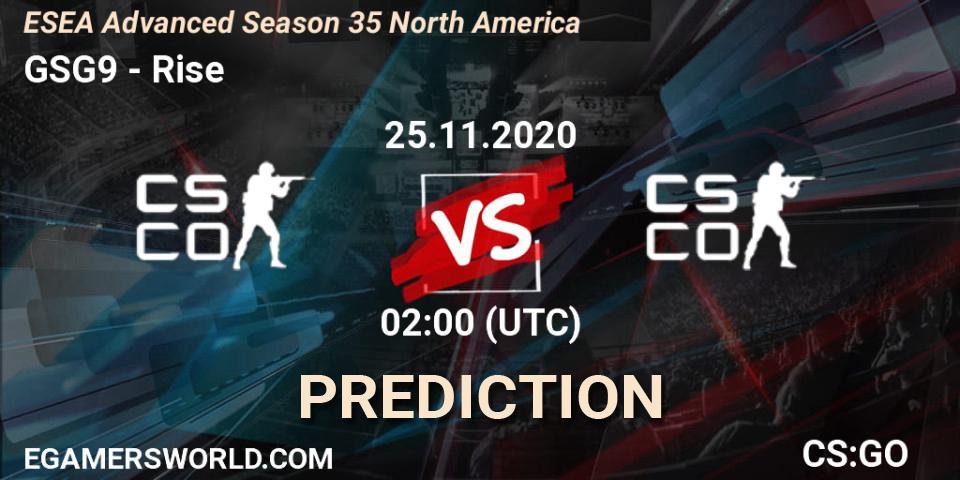 Prognose für das Spiel GSG9 VS Rise. 25.11.2020 at 02:00. Counter-Strike (CS2) - ESEA Advanced Season 35 North America