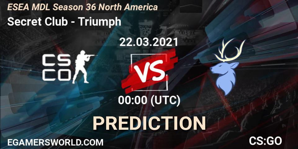 Prognose für das Spiel Secret Club VS Triumph. 21.03.2021 at 23:00. Counter-Strike (CS2) - MDL ESEA Season 36: North America - Premier Division