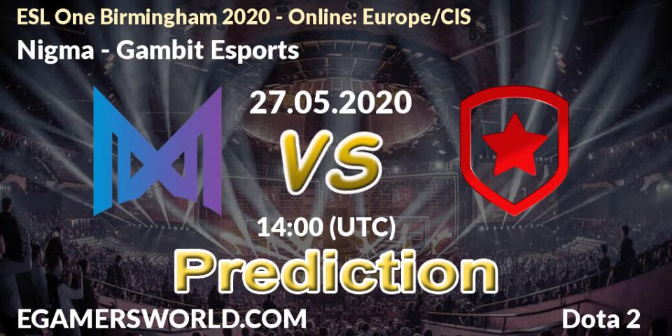 Prognose für das Spiel Nigma VS Gambit Esports. 27.05.2020 at 14:18. Dota 2 - ESL One Birmingham 2020 - Online: Europe/CIS