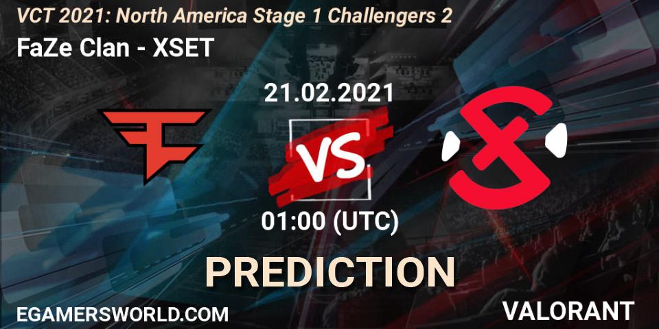 Prognose für das Spiel FaZe Clan VS XSET. 20.02.2021 at 23:45. VALORANT - VCT 2021: North America Stage 1 Challengers 2