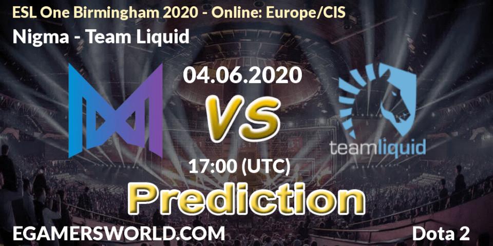 Prognose für das Spiel Nigma VS Team Liquid. 04.06.2020 at 17:26. Dota 2 - ESL One Birmingham 2020 - Online: Europe/CIS