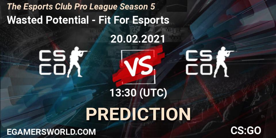 Prognose für das Spiel Wasted Potential VS Fit For Esports. 20.02.2021 at 13:30. Counter-Strike (CS2) - The Esports Club Pro League Season 5