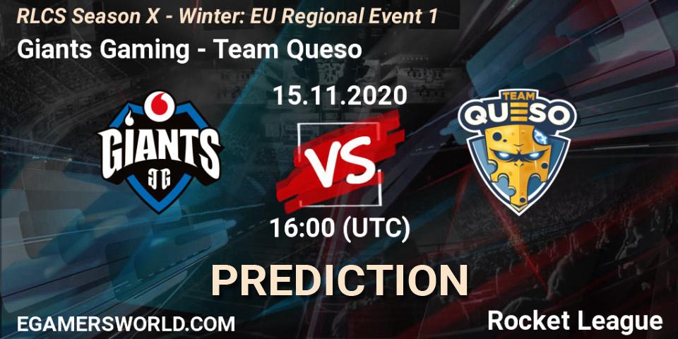 Prognose für das Spiel Giants Gaming VS Team Queso. 15.11.2020 at 16:00. Rocket League - RLCS Season X - Winter: EU Regional Event 1