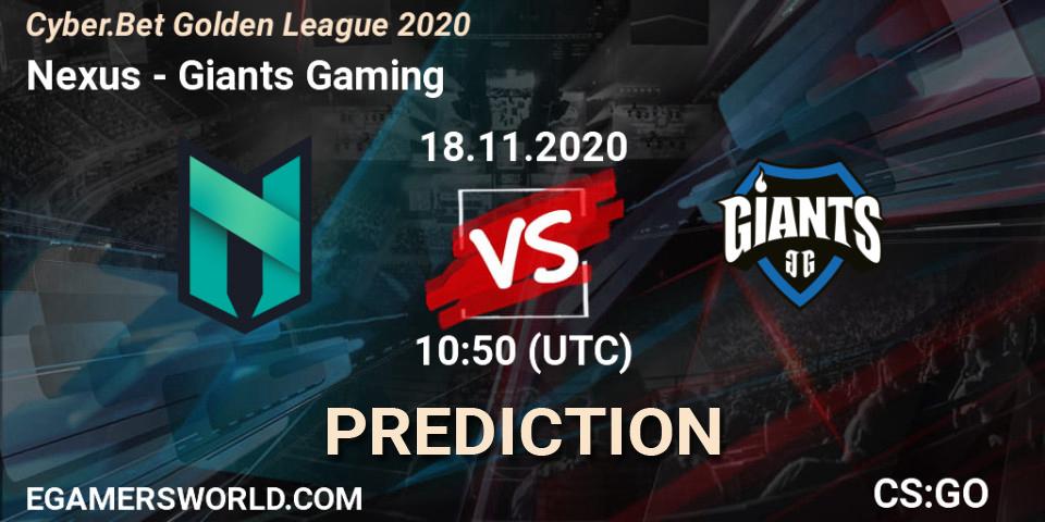 Prognose für das Spiel Nexus VS Giants Gaming. 18.11.2020 at 10:50. Counter-Strike (CS2) - Cyber.Bet Golden League 2020