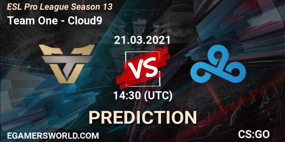 Prognose für das Spiel Team One VS Cloud9. 21.03.2021 at 15:30. Counter-Strike (CS2) - ESL Pro League Season 13