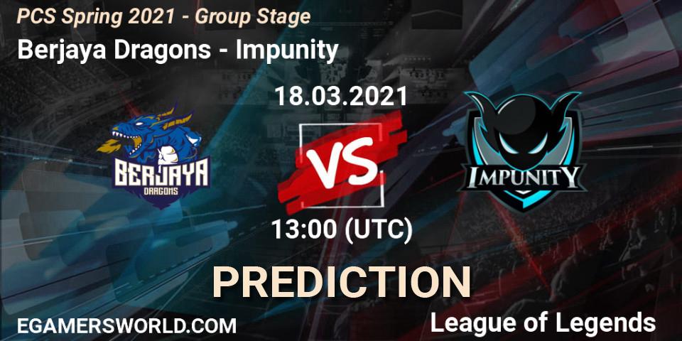 Prognose für das Spiel Berjaya Dragons VS Impunity. 18.03.2021 at 13:00. LoL - PCS Spring 2021 - Group Stage