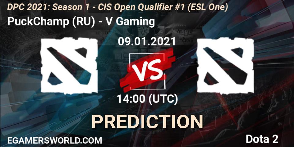 Prognose für das Spiel PuckChamp (RU) VS V Gaming. 09.01.2021 at 14:10. Dota 2 - DPC 2021: Season 1 - CIS Open Qualifier #1 (ESL One)