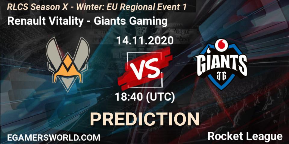 Prognose für das Spiel Renault Vitality VS Giants Gaming. 14.11.2020 at 18:40. Rocket League - RLCS Season X - Winter: EU Regional Event 1