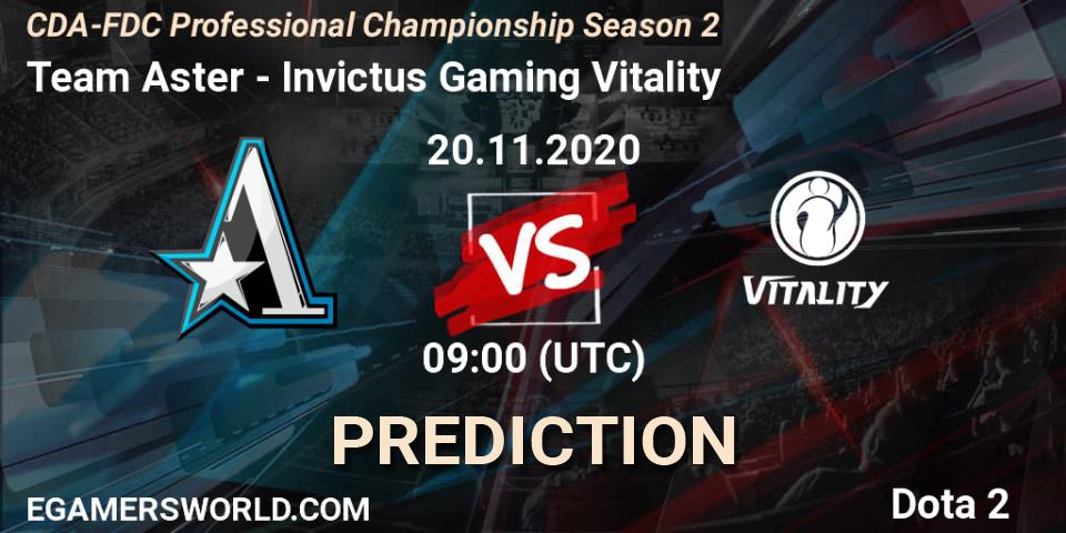 Prognose für das Spiel Team Aster VS Invictus Gaming Vitality. 20.11.2020 at 09:17. Dota 2 - CDA-FDC Professional Championship Season 2