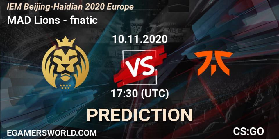 Prognose für das Spiel MAD Lions VS fnatic. 10.11.2020 at 17:30. Counter-Strike (CS2) - IEM Beijing-Haidian 2020 Europe