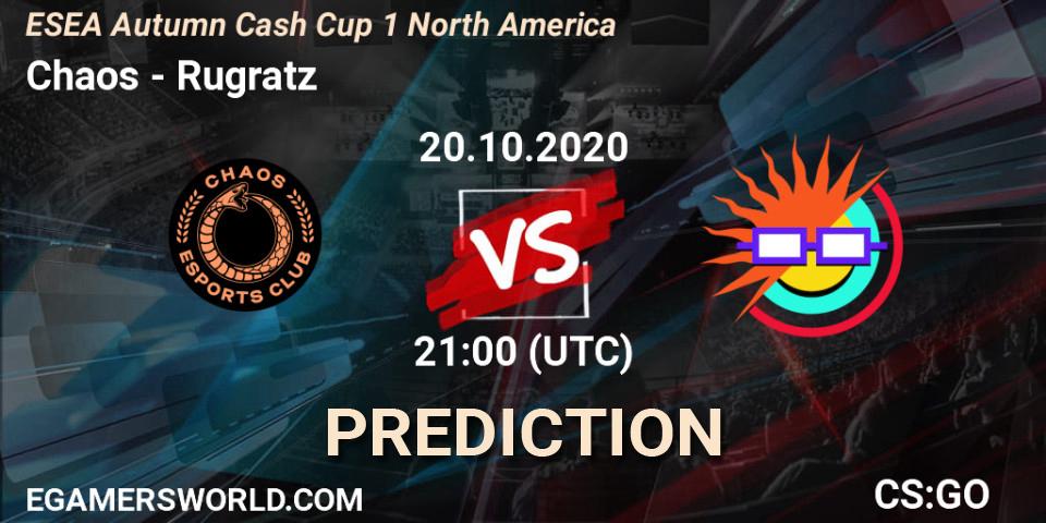 Prognose für das Spiel Chaos VS Rugratz. 22.10.2020 at 22:00. Counter-Strike (CS2) - ESEA Autumn Cash Cup 1 North America