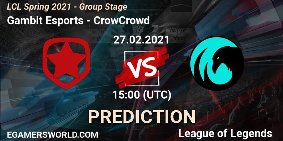 Prognose für das Spiel Gambit Esports VS CrowCrowd. 27.02.2021 at 15:00. LoL - LCL Spring 2021 - Group Stage