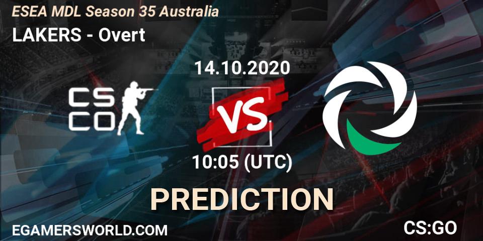 Prognose für das Spiel LAKERS VS Overt. 14.10.2020 at 10:05. Counter-Strike (CS2) - ESEA MDL Season 35 Australia