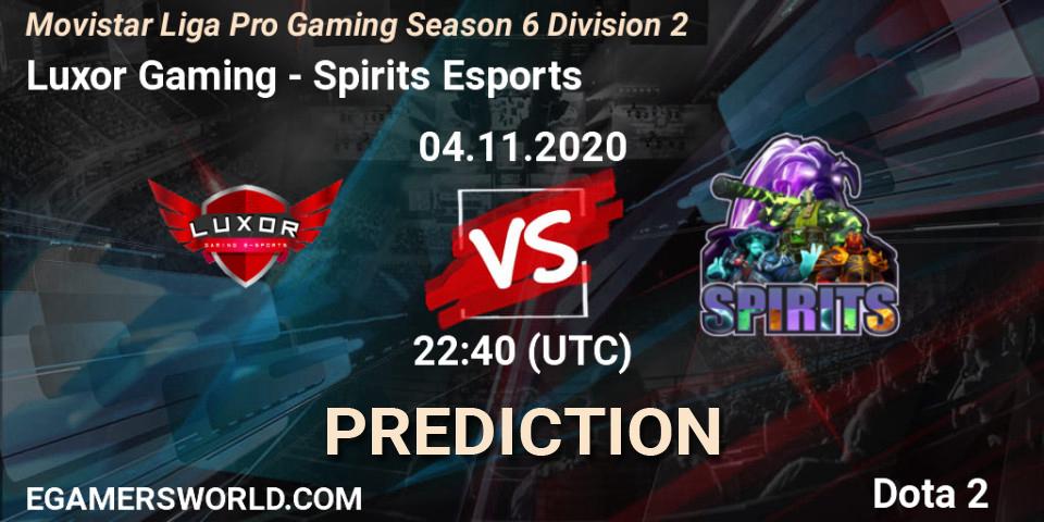 Prognose für das Spiel Luxor Gaming VS Spirits Esports. 04.11.20. Dota 2 - Movistar Liga Pro Gaming Season 6 Division 2