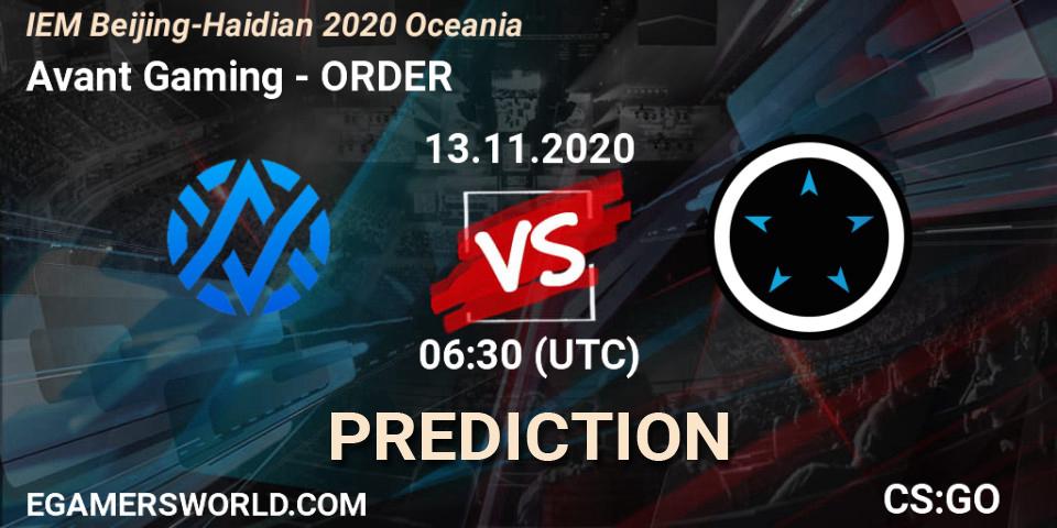 Prognose für das Spiel Avant Gaming VS ORDER. 13.11.20. CS2 (CS:GO) - IEM Beijing-Haidian 2020 Oceania