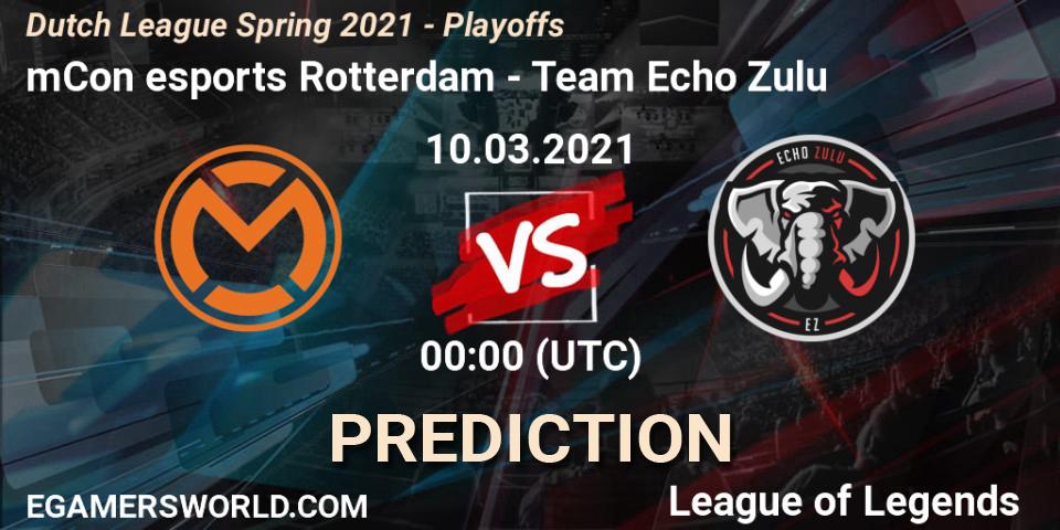 Prognose für das Spiel mCon esports Rotterdam VS Team Echo Zulu. 10.03.2021 at 18:00. LoL - Dutch League Spring 2021 - Playoffs