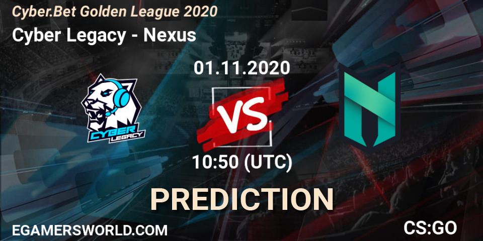 Prognose für das Spiel Cyber Legacy VS Nexus. 01.11.2020 at 10:50. Counter-Strike (CS2) - Cyber.Bet Golden League 2020