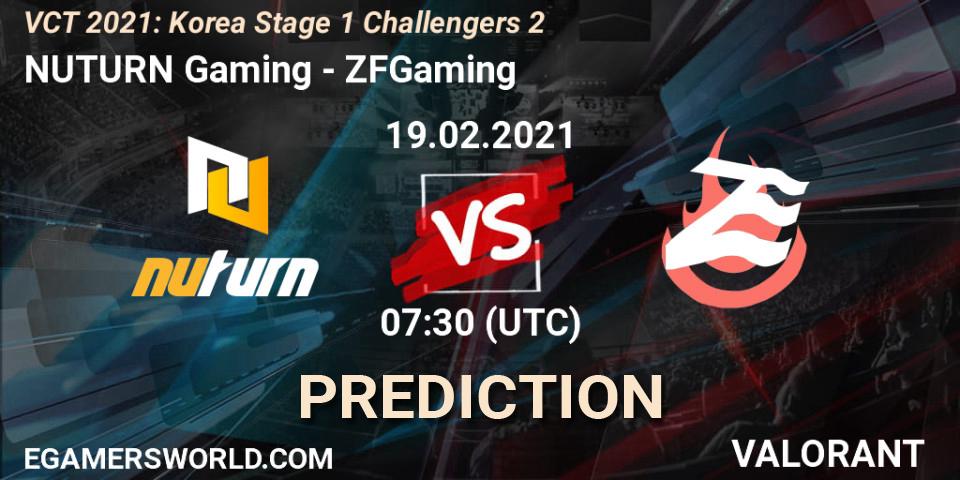 Prognose für das Spiel NUTURN Gaming VS ZFGaming. 19.02.2021 at 11:30. VALORANT - VCT 2021: Korea Stage 1 Challengers 2