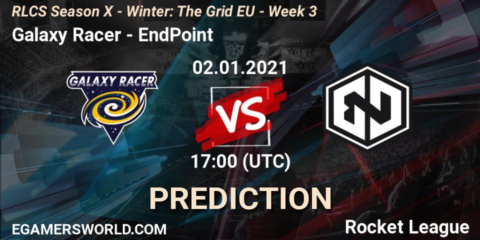 Prognose für das Spiel Galaxy Racer VS EndPoint. 02.01.2021 at 17:00. Rocket League - RLCS Season X - Winter: The Grid EU - Week 3