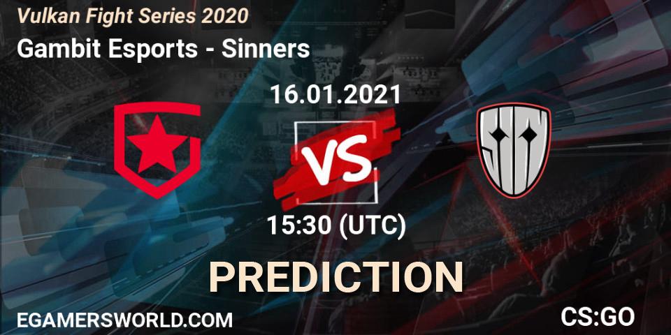 Prognose für das Spiel Gambit Esports VS Sinners. 16.01.2021 at 15:30. Counter-Strike (CS2) - Vulkan Fight Series 2020