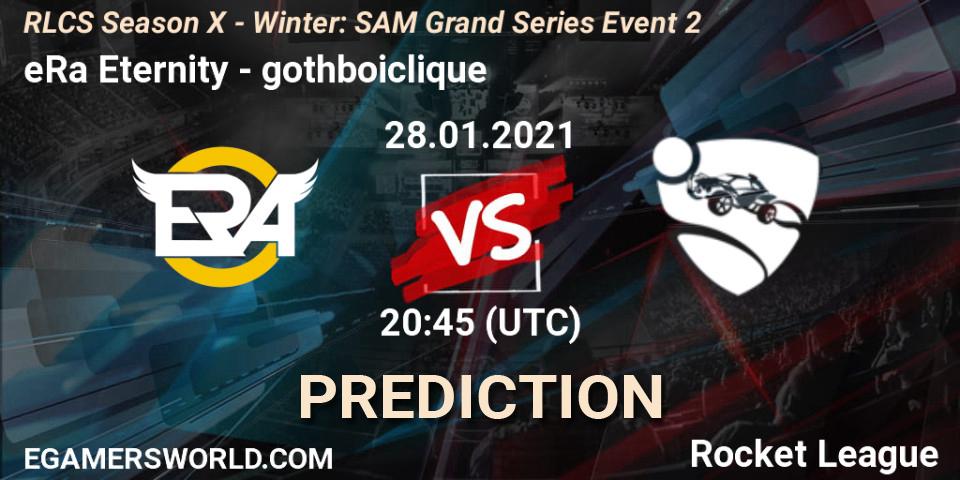 Prognose für das Spiel eRa Eternity VS gothboiclique. 28.01.2021 at 20:45. Rocket League - RLCS Season X - Winter: SAM Grand Series Event 2
