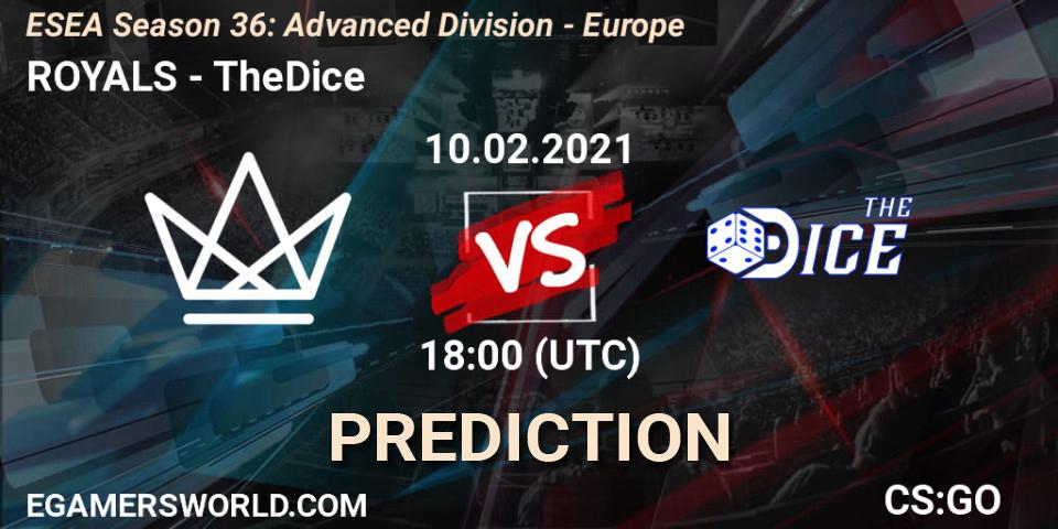 Prognose für das Spiel ROYALS VS TheDice. 10.02.2021 at 18:00. Counter-Strike (CS2) - ESEA Season 36: Europe - Advanced Division