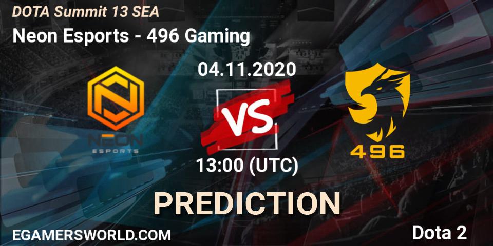 Prognose für das Spiel Neon Esports VS 496 Gaming. 04.11.2020 at 12:59. Dota 2 - DOTA Summit 13: SEA
