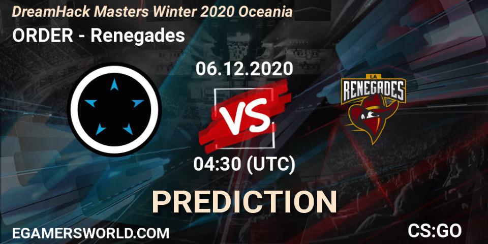 Prognose für das Spiel ORDER VS Renegades. 06.12.2020 at 04:30. Counter-Strike (CS2) - DreamHack Masters Winter 2020 Oceania