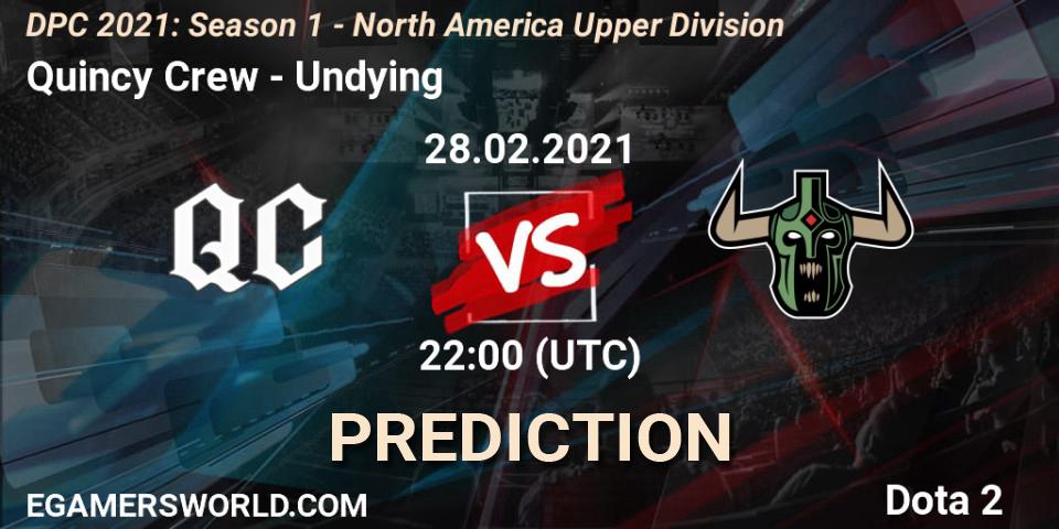 Prognose für das Spiel Quincy Crew VS Undying. 28.02.2021 at 22:25. Dota 2 - DPC 2021: Season 1 - North America Upper Division