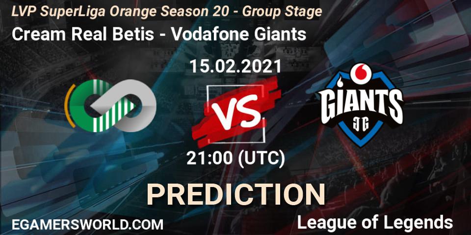 Prognose für das Spiel Cream Real Betis VS Vodafone Giants. 15.02.2021 at 21:15. LoL - LVP SuperLiga Orange Season 20 - Group Stage