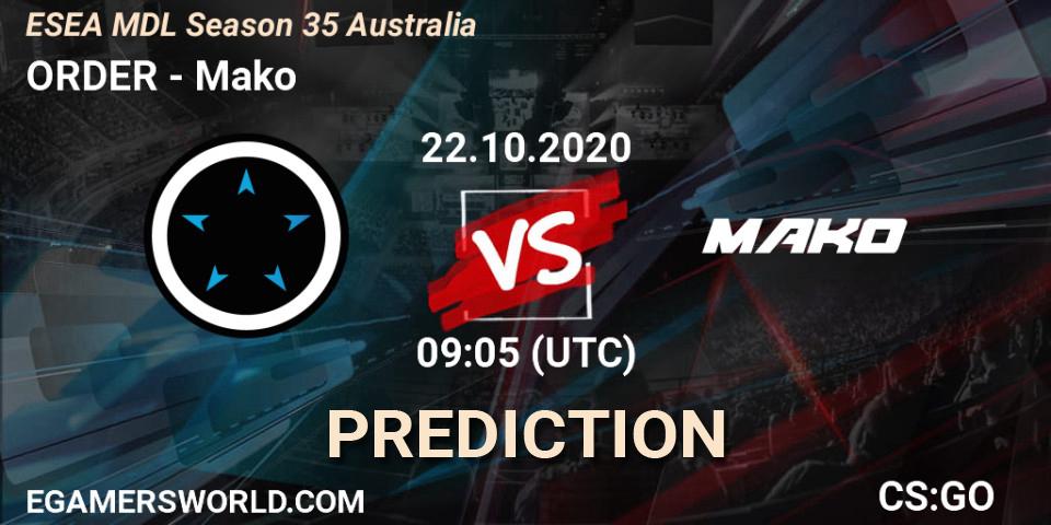 Prognose für das Spiel ORDER VS Mako. 22.10.2020 at 09:05. Counter-Strike (CS2) - ESEA MDL Season 35 Australia
