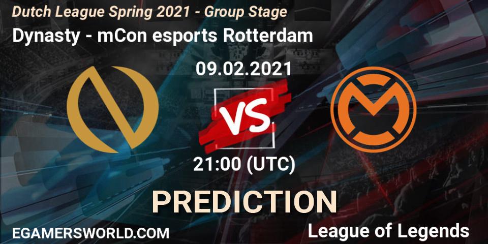 Prognose für das Spiel Dynasty VS mCon esports Rotterdam. 09.02.2021 at 21:00. LoL - Dutch League Spring 2021 - Group Stage