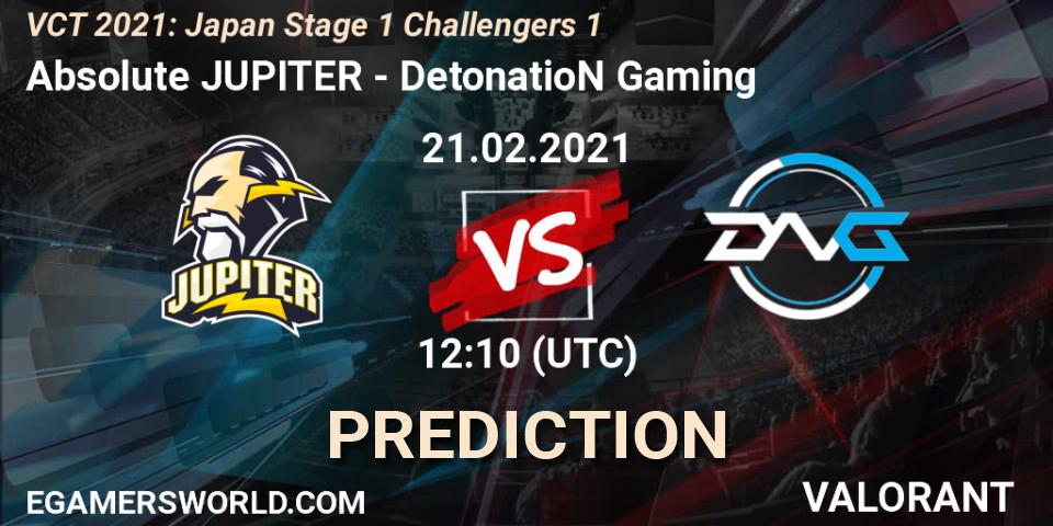 Prognose für das Spiel Absolute JUPITER VS DetonatioN Gaming. 21.02.21. VALORANT - VCT 2021: Japan Stage 1 Challengers 1