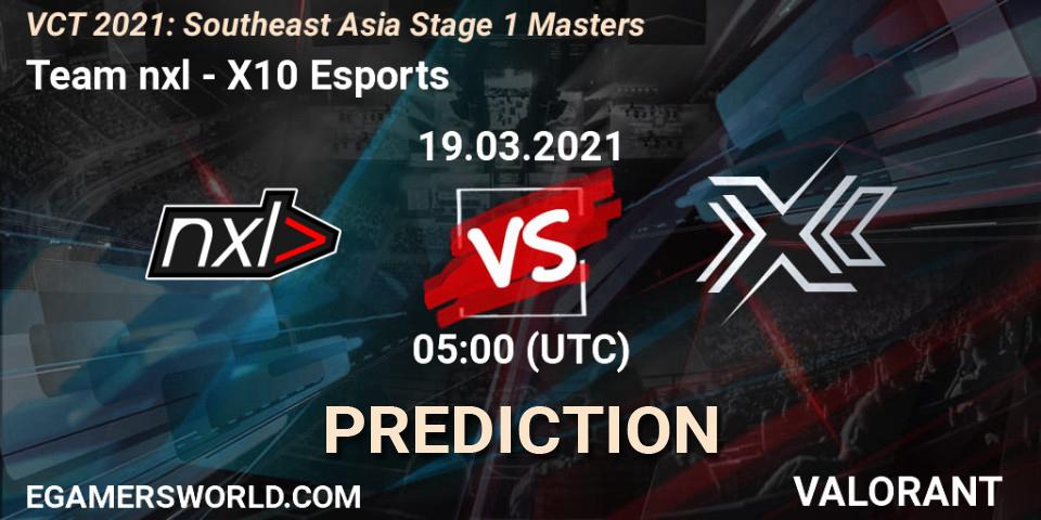 Prognose für das Spiel Team nxl VS X10 Esports. 19.03.2021 at 05:00. VALORANT - VCT 2021: Southeast Asia Stage 1 Masters
