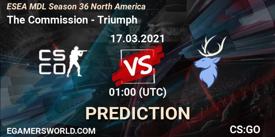 Prognose für das Spiel The Commission VS Triumph. 17.03.2021 at 01:00. Counter-Strike (CS2) - MDL ESEA Season 36: North America - Premier Division