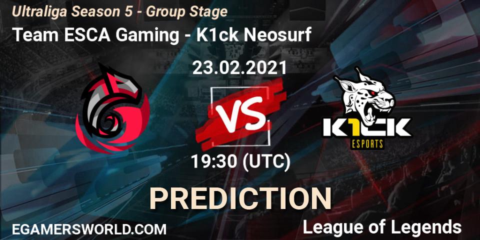 Prognose für das Spiel Team ESCA Gaming VS K1ck Neosurf. 23.02.2021 at 19:30. LoL - Ultraliga Season 5 - Group Stage
