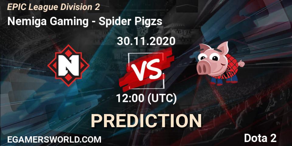 Prognose für das Spiel Nemiga Gaming VS Spider Pigzs. 30.11.2020 at 11:09. Dota 2 - EPIC League Division 2