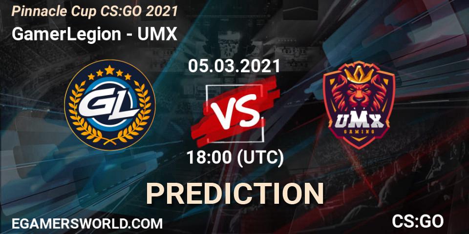 Prognose für das Spiel GamerLegion VS UMX. 05.03.2021 at 18:00. Counter-Strike (CS2) - Pinnacle Cup #1