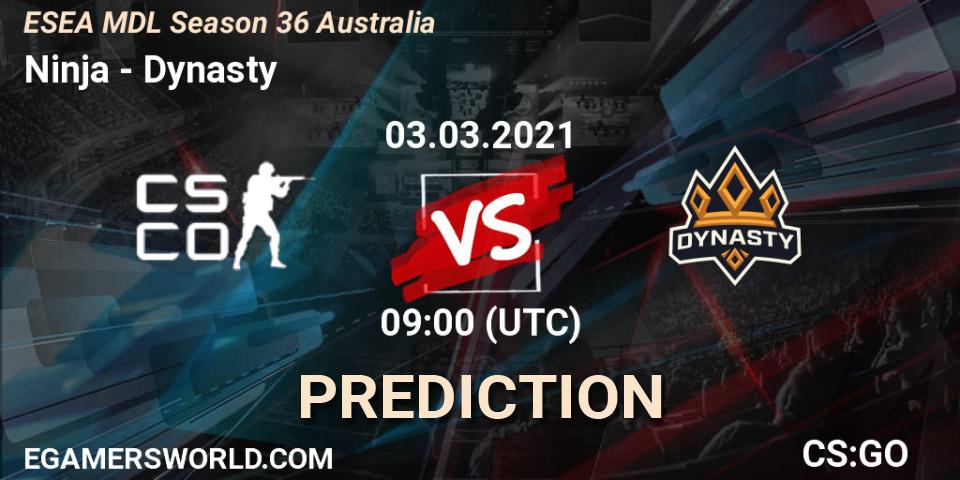 Prognose für das Spiel Ninja VS Dynasty. 03.03.2021 at 09:00. Counter-Strike (CS2) - MDL ESEA Season 36: Australia - Premier Division
