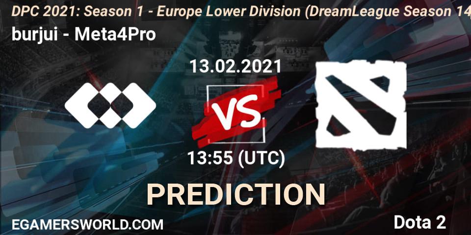 Prognose für das Spiel burjui VS Meta4Pro. 13.02.2021 at 13:56. Dota 2 - DPC 2021: Season 1 - Europe Lower Division (DreamLeague Season 14)