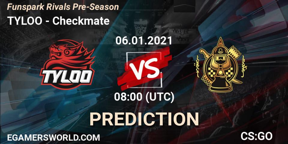 Prognose für das Spiel TYLOO VS Checkmate. 06.01.2021 at 08:00. Counter-Strike (CS2) - Funspark Rivals Pre-Season