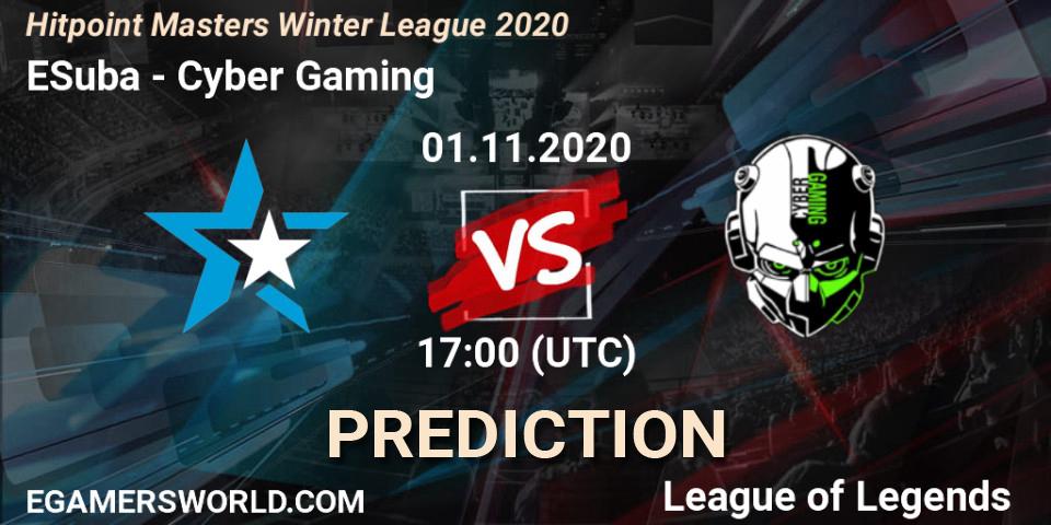 Prognose für das Spiel ESuba VS Cyber Gaming. 01.11.2020 at 17:00. LoL - Hitpoint Masters Winter League 2020