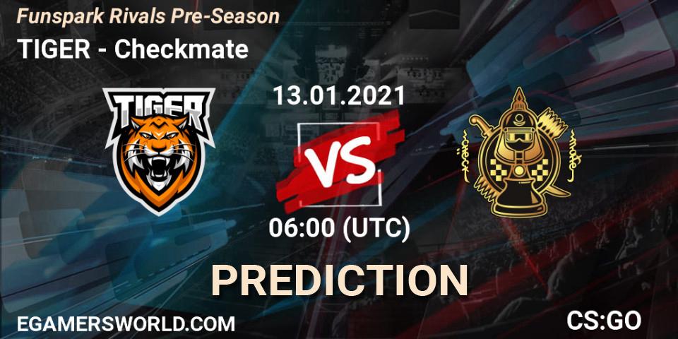 Prognose für das Spiel TIGER VS Checkmate. 13.01.2021 at 06:00. Counter-Strike (CS2) - Funspark Rivals Pre-Season