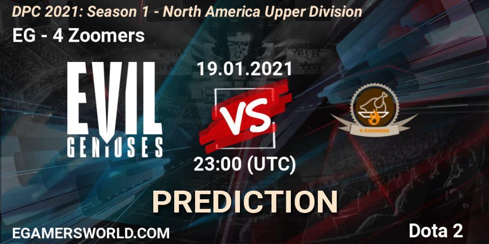 Prognose für das Spiel EG VS 4 Zoomers. 19.01.2021 at 23:00. Dota 2 - DPC 2021: Season 1 - North America Upper Division