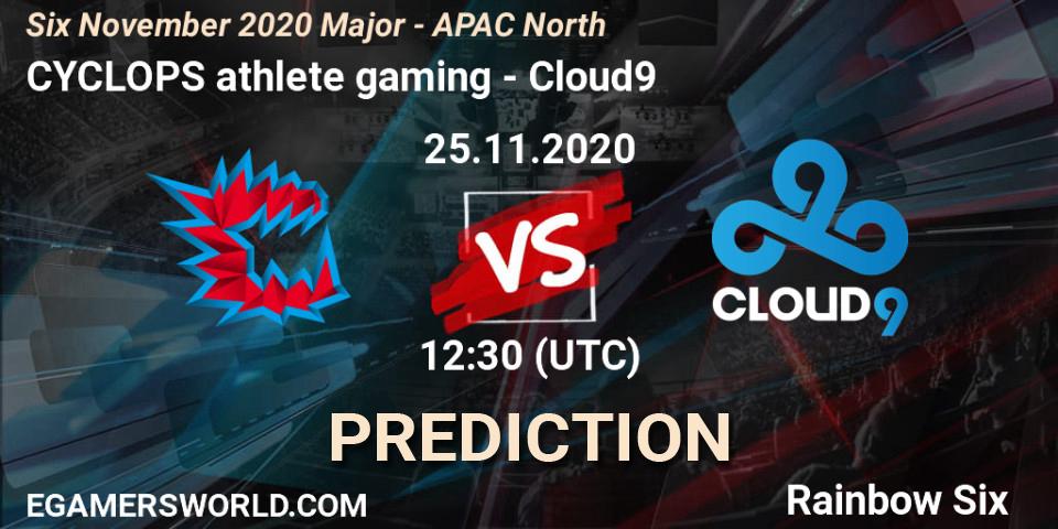 Prognose für das Spiel CYCLOPS athlete gaming VS Cloud9. 25.11.2020 at 09:00. Rainbow Six - Six November 2020 Major - APAC North