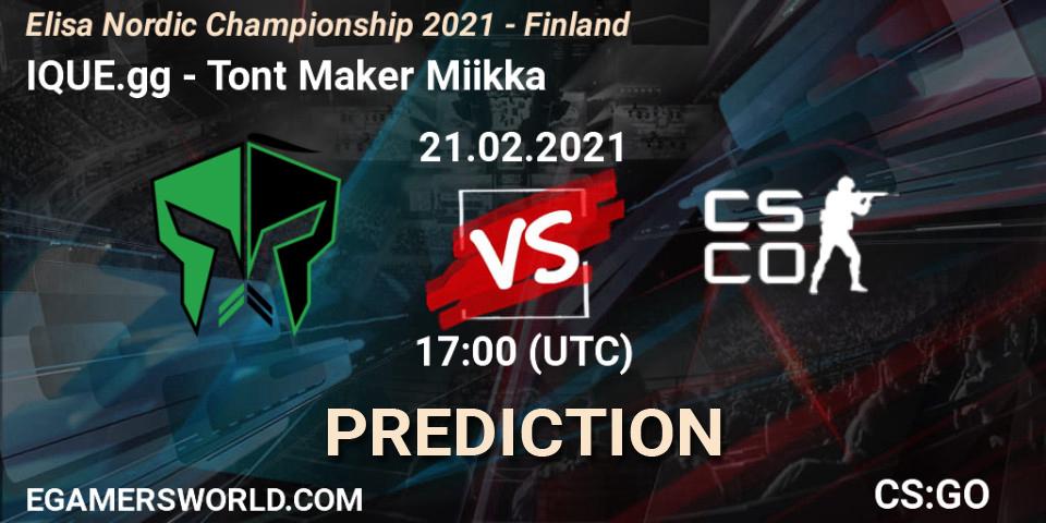 Prognose für das Spiel IQUE.gg VS Tont Maker Miikka. 21.02.2021 at 17:00. Counter-Strike (CS2) - Elisa Nordic Championship 2021 - Finland