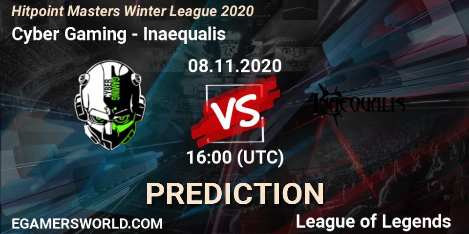 Prognose für das Spiel Cyber Gaming VS Inaequalis. 08.11.2020 at 16:00. LoL - Hitpoint Masters Winter League 2020