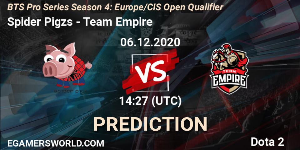 Prognose für das Spiel Spider Pigzs VS Team Empire. 06.12.2020 at 14:26. Dota 2 - BTS Pro Series Season 4: Europe/CIS Open Qualifier
