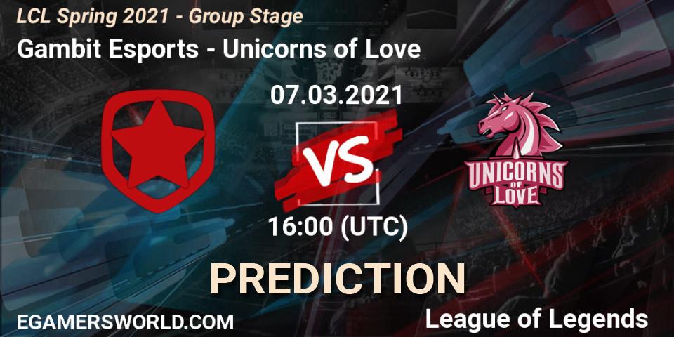 Prognose für das Spiel Gambit Esports VS Unicorns of Love. 07.03.21. LoL - LCL Spring 2021 - Group Stage